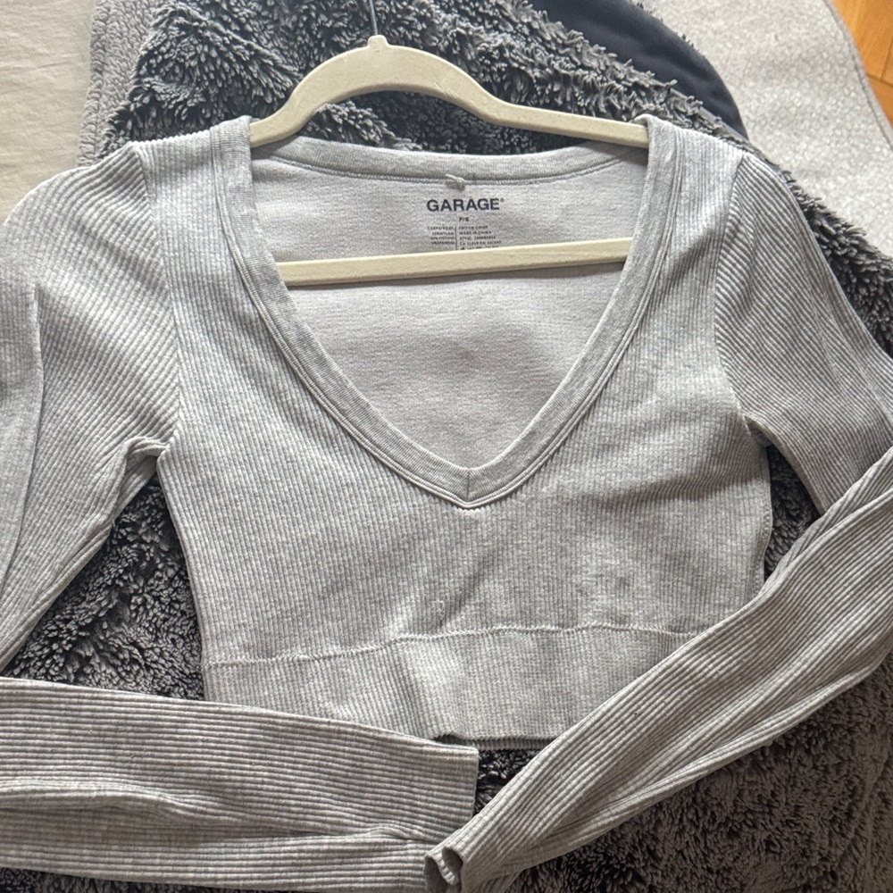 Garage Light Gray Ribbed V-Neck Crop Top
